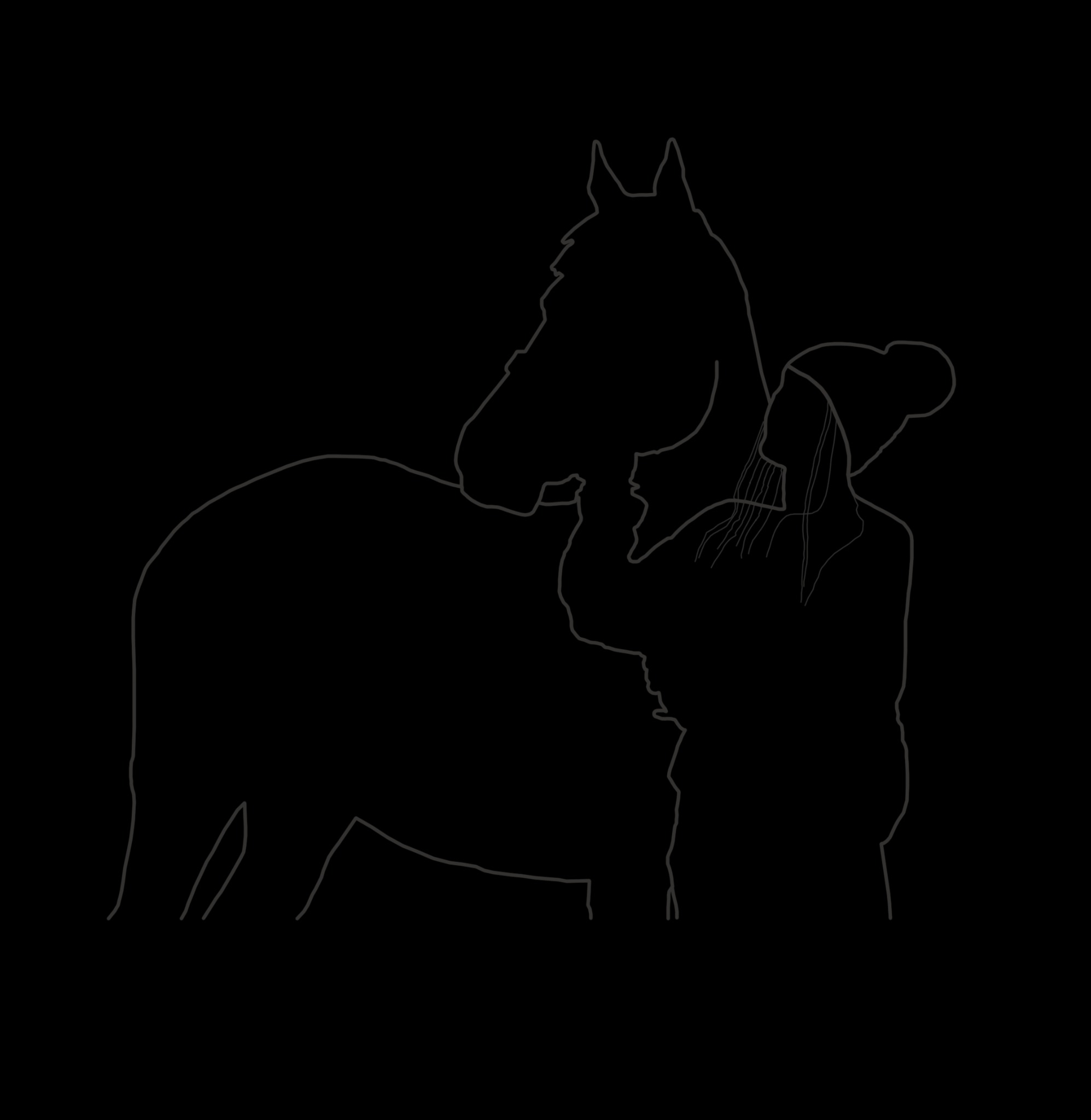 Minimalistyczny rysunek konturowy przedstawiający kobietę w czapce obejmującą konia na czarnym tle.