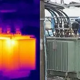 Transformator energetyczny: zdjęcie termowizyjne (po lewej) ukazujące rozkład temperatur i zdjęcie rzeczywiste (po prawej) przedstawiające jego budowę i podłączenia kablowe.