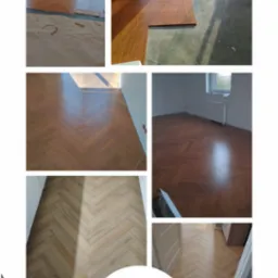 Montaż parkietu w jodełkę: zbliżenie na układane deski, częściowo wykończona podłoga w różnych pomieszczeniach, widoczne postępy prac.