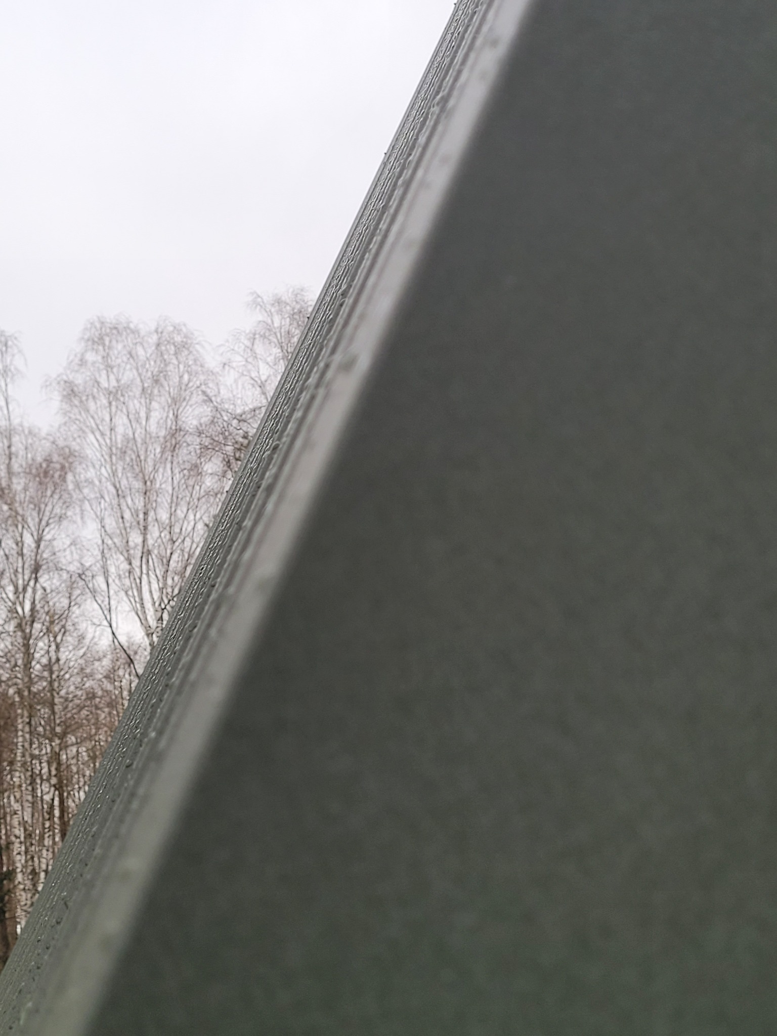 Fragment zielonej elewacji budynku z widoczną fakturą, w tle drzewa bez liści pod pochmurnym niebem.