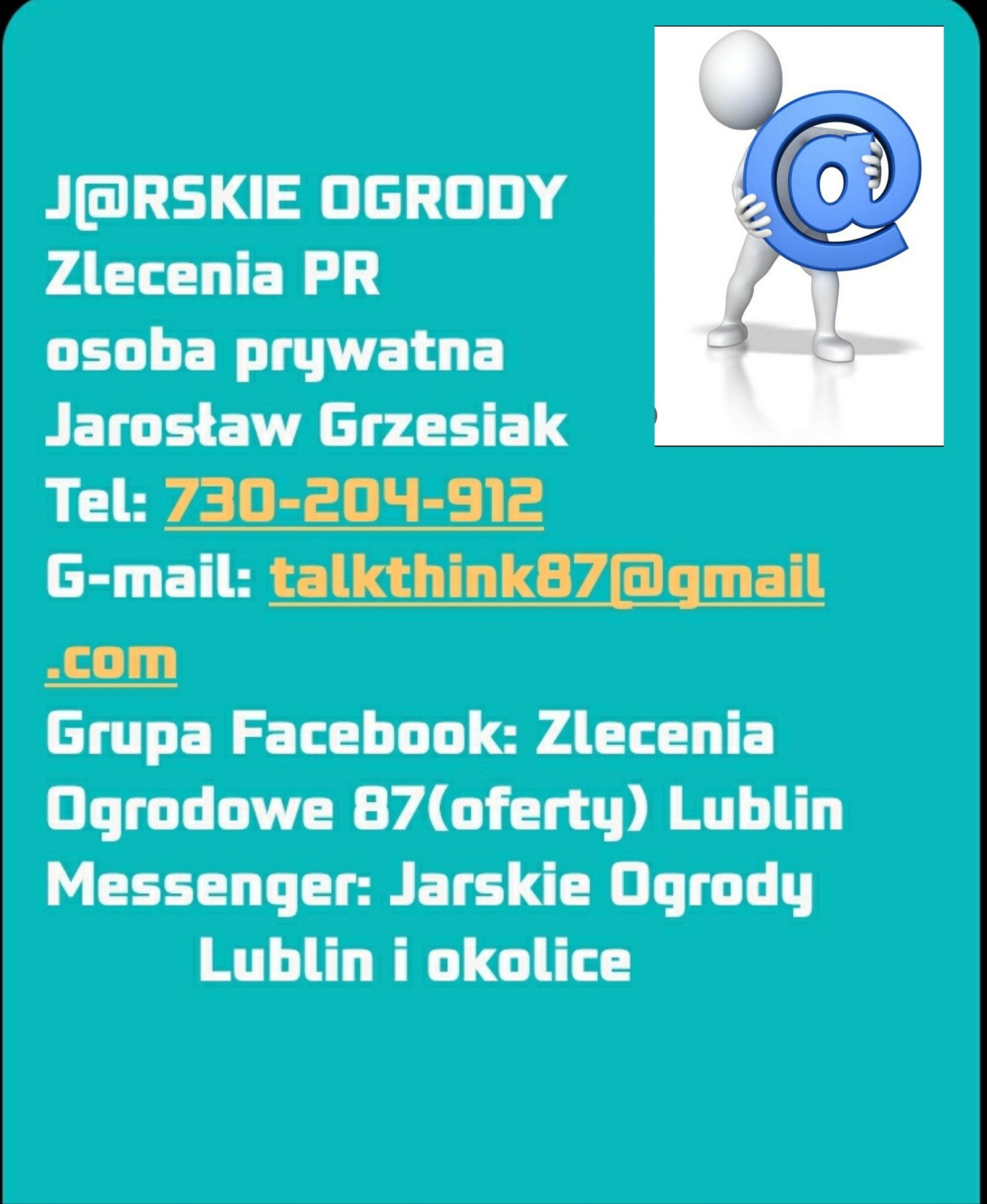 Reklama firmy ogrodniczej: kontaktowe dane, adres e-mail, telefon, nazwa firmy, odnośnik do grupy na Facebooku, grafika z symbolem @.
