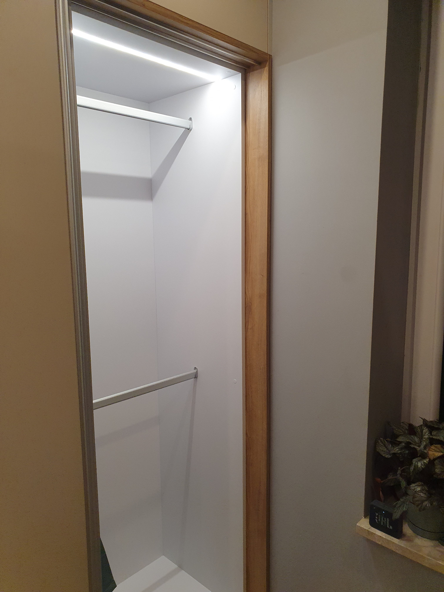 Wnętrze szafy wnękowej z oświetleniem LED, widoczne dwa drążki na ubrania. Białe ściany i półki, drewniana rama drzwi. Minimalistyczny design.