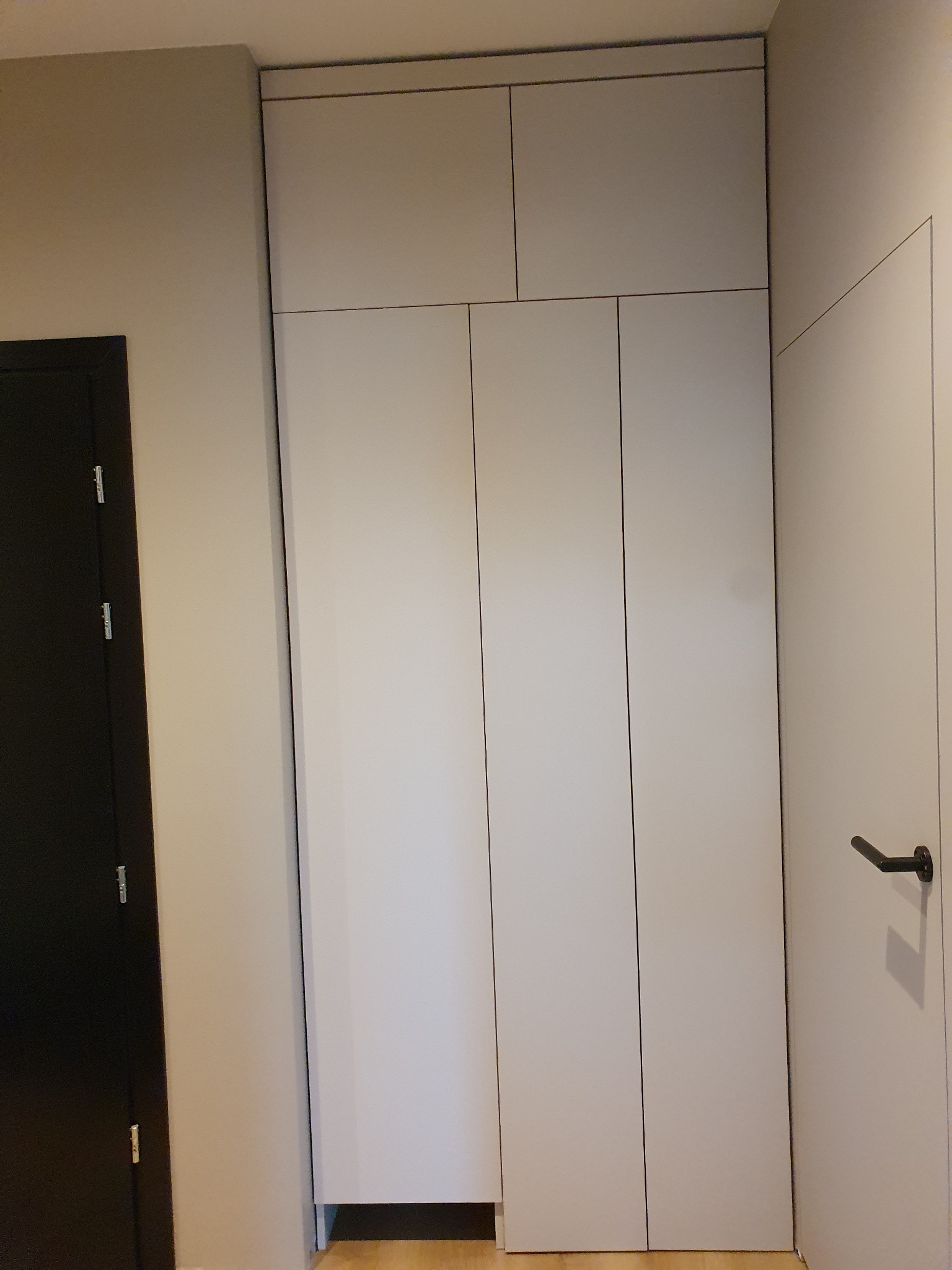 Minimalistyczna szafa wnękowa z białymi frontami, wkomponowana w przestrzeń między drzwiami wejściowymi a drzwiami do pokoju, z widocznym fragmentem podłogi.