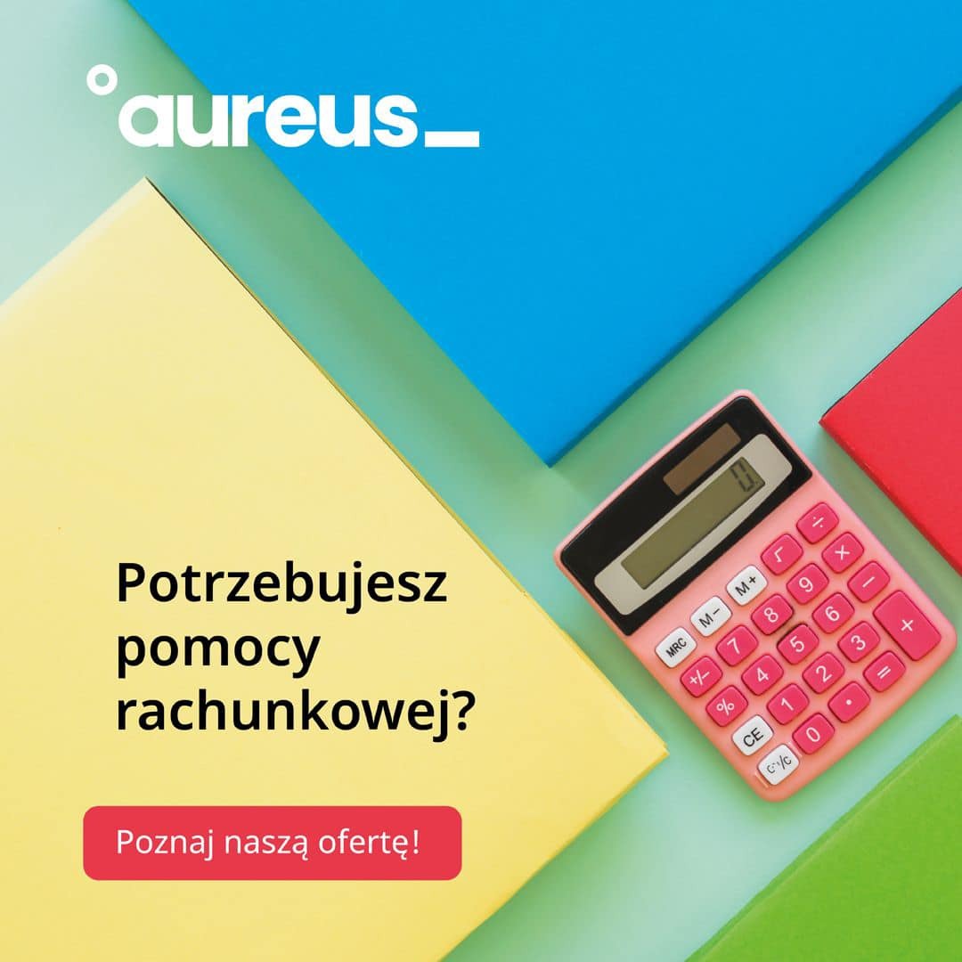 Różowa kalkulatorka na tle kolorowych kartek, pytanie o pomoc rachunkową i zaproszenie do zapoznania się z ofertą.