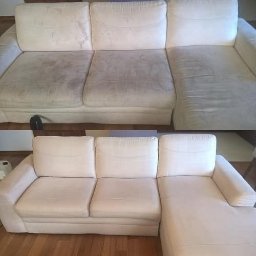 TOMASZ PIOTROWSKI - Beżowa sofa narożna z widocznymi plamami na siedzisku przed czyszczeniem, a następnie po profesjonalnym wyczyszczeniu, ukazując efekt odświeżenia i usunięcia zabrudzeń.