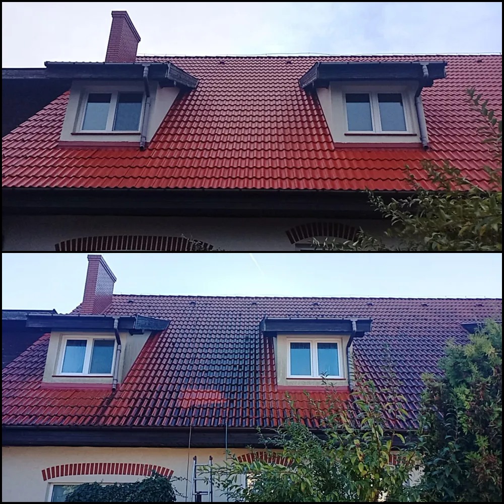Porównanie dachu z czerwonej dachówki przed i po czyszczeniu; widoczne okna dachowe i komin.