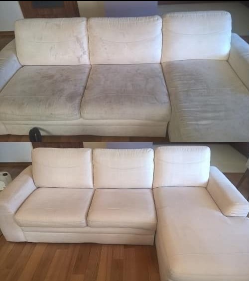 Beżowa sofa narożna z widocznymi plamami na siedzisku przed czyszczeniem, a następnie po profesjonalnym wyczyszczeniu, ukazując efekt odświeżenia i usunięcia zabrudzeń.
