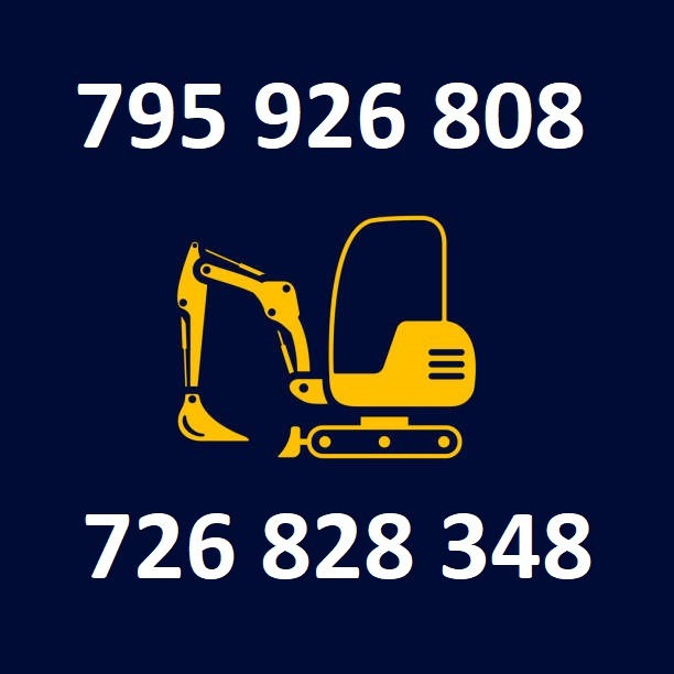 Grafika wektorowa przedstawiająca żółtą minikoparkę na ciemnoniebieskim tle, z numerami telefonów 795-926-808 u góry i 726-828-348 u dołu.