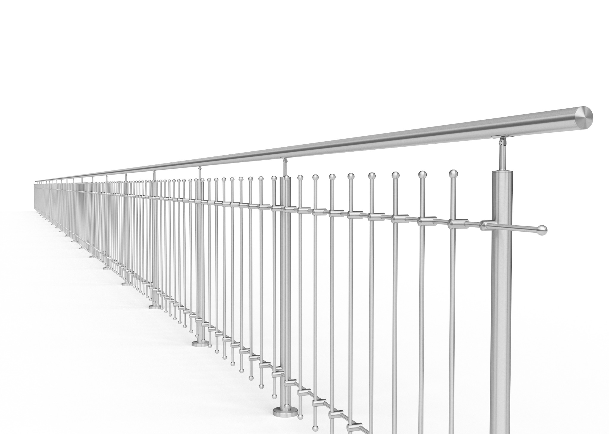 Długa, metalowa barierka z pionowymi prętami zakończonymi kulkami, widok z perspektywy, na białym tle.