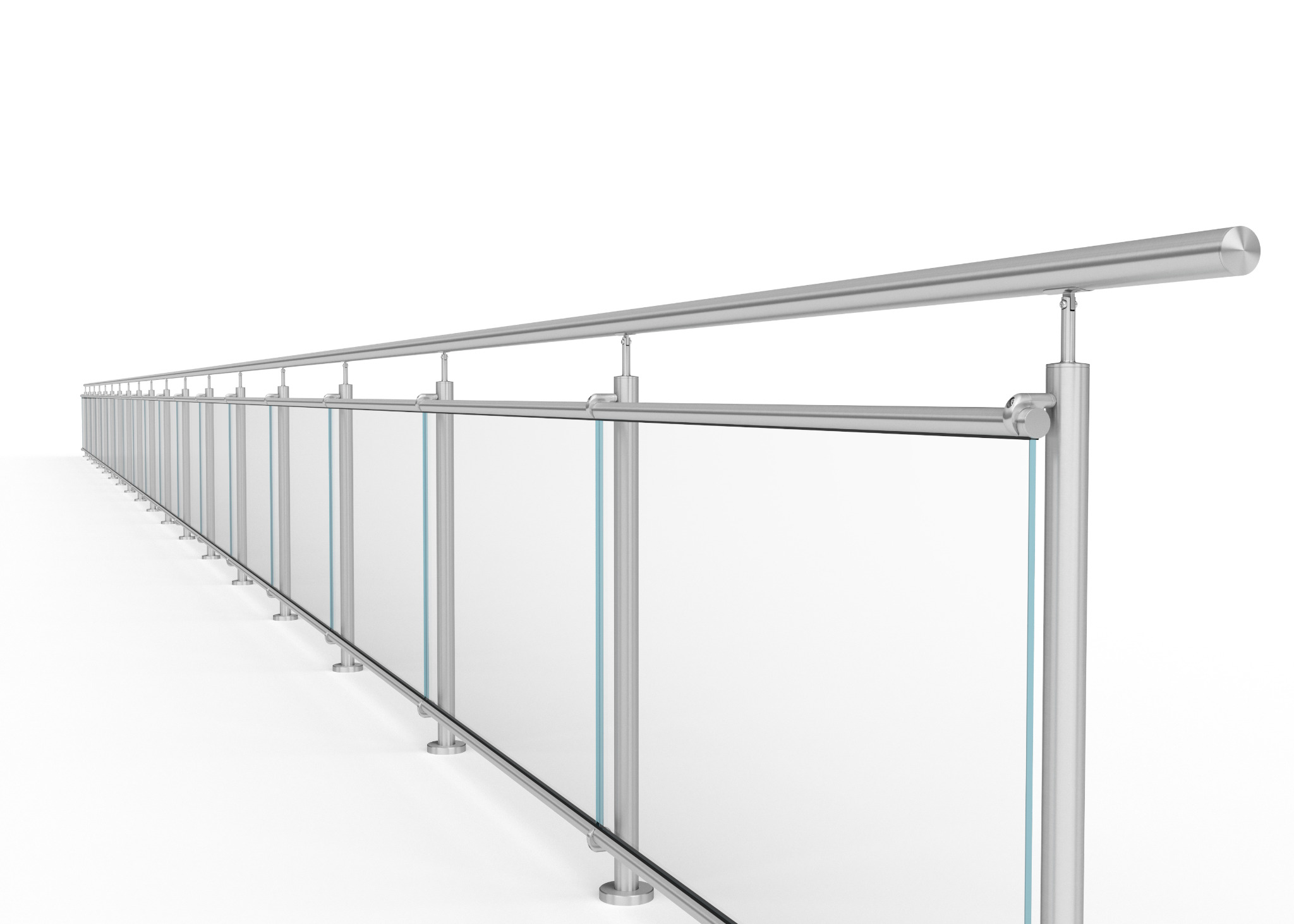 Długa, minimalistyczna balustrada szklana z elementami ze stali nierdzewnej, widoczna z perspektywy, zrealizowana w Rybniku. Jasne, czyste tło podkreśla nowoczesny design.