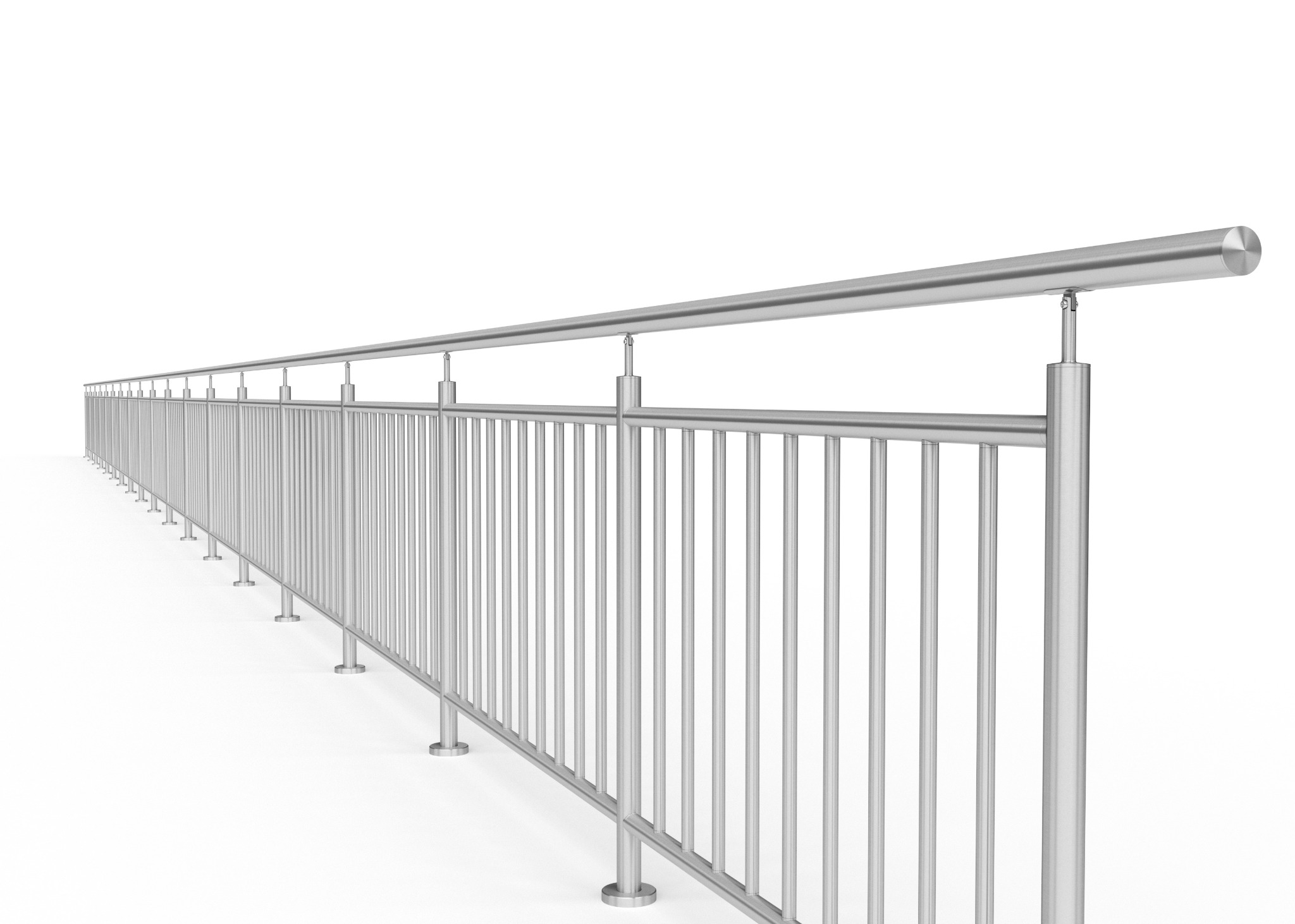 Długa, metalowa balustrada nierdzewna z pionowymi prętami, mocowana do podłoża okrągłymi podstawami, widok z perspektywy żabiej, na białym tle.