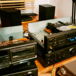 Rozłożony, czarny zestaw stereo Technics z otwartymi obudowami magnetofonu i odtwarzacza CD, ukazujący wewnętrzne komponenty elektroniki.