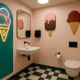 DES Architekci - Różowa łazienka z neonowym lodem, lustrem i dekoracjami lodów. Czarno-biała podłoga w szachownicę. Nowoczesny design z akcentami retro.