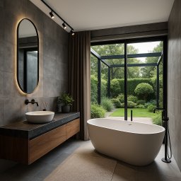 DES Architekci - Nowoczesna łazienka z owalnym lustrem z podświetleniem LED, wolnostojącą wanną i widokiem na zielony ogród przez duże okno.