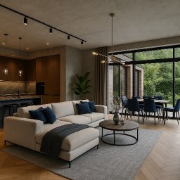 DES Architekci - Nowoczesne wnętrze: salon z kuchnią, beżowa sofa z granatowymi poduszkami, okrągły stolik kawowy, parkiet w jodełkę, widok na zieleń za oknem. Minimalistyczny design.