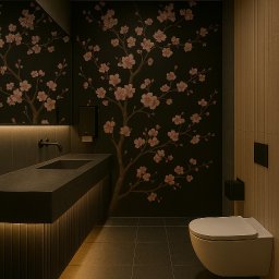 DES Architekci - Nowoczesna łazienka z ciemną armaturą, podświetlaną szafką umywalkową i tapetą w kwiaty wiśni. Minimalistyczna toaleta podwieszana. Ciepłe oświetlenie.