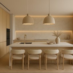 DES Architekci - Jasna kuchnia w minimalistycznym stylu. Drewniane szafki, wyspa z czterema krzesłami i złota bateria. Dwie lampy wiszące nad wyspą. Subtelne oświetlenie LED.