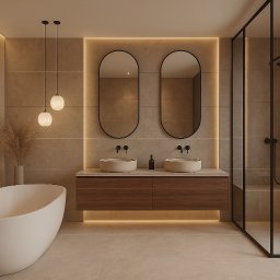 DES Architekci - Nowoczesna łazienka z wanną wolnostojącą, podwójną umywalką i kabiną prysznicową typu walk-in. Beżowe płytki, oświetlenie LED i minimalistyczne dodatki.