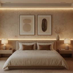 DES Architekci - Jasna sypialnia w beżach: łóżko z brązowymi poduszkami, nocne szafki z lampkami, abstrakcyjne obrazy na ścianie i regał z dekoracjami. Subtelne oświetlenie LED.