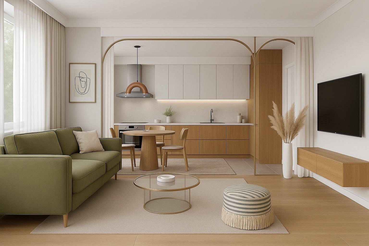 Jasne, przestronne wnętrze z zieloną sofą, okrągłym stołem i otwartą kuchnią. Minimalistyczny design z drewnianymi akcentami i naturalnym światłem.