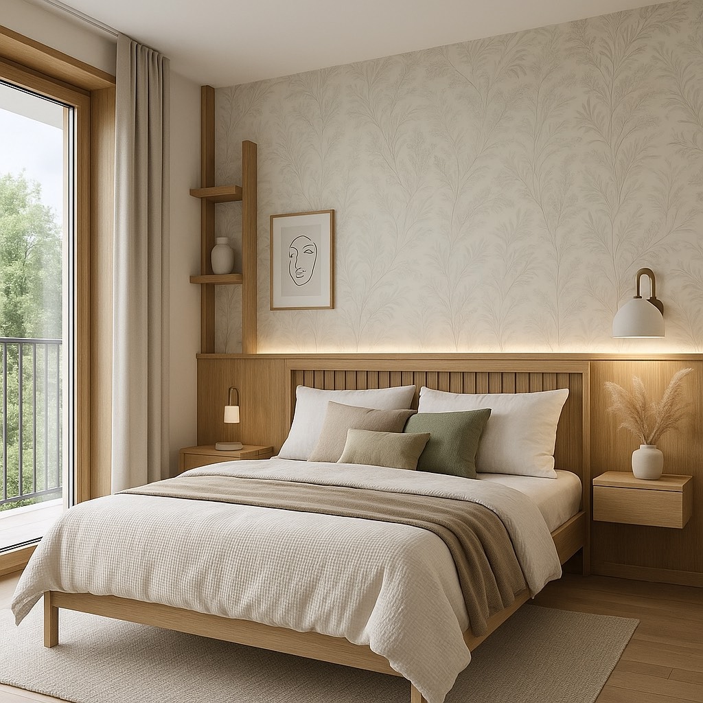 Jasna sypialnia w stylu skandynawskim: drewniane łóżko, beżowa pościel, minimalistyczny obrazek na ścianie z tapetą w roślinny wzór i balkon z widokiem na zieleń.