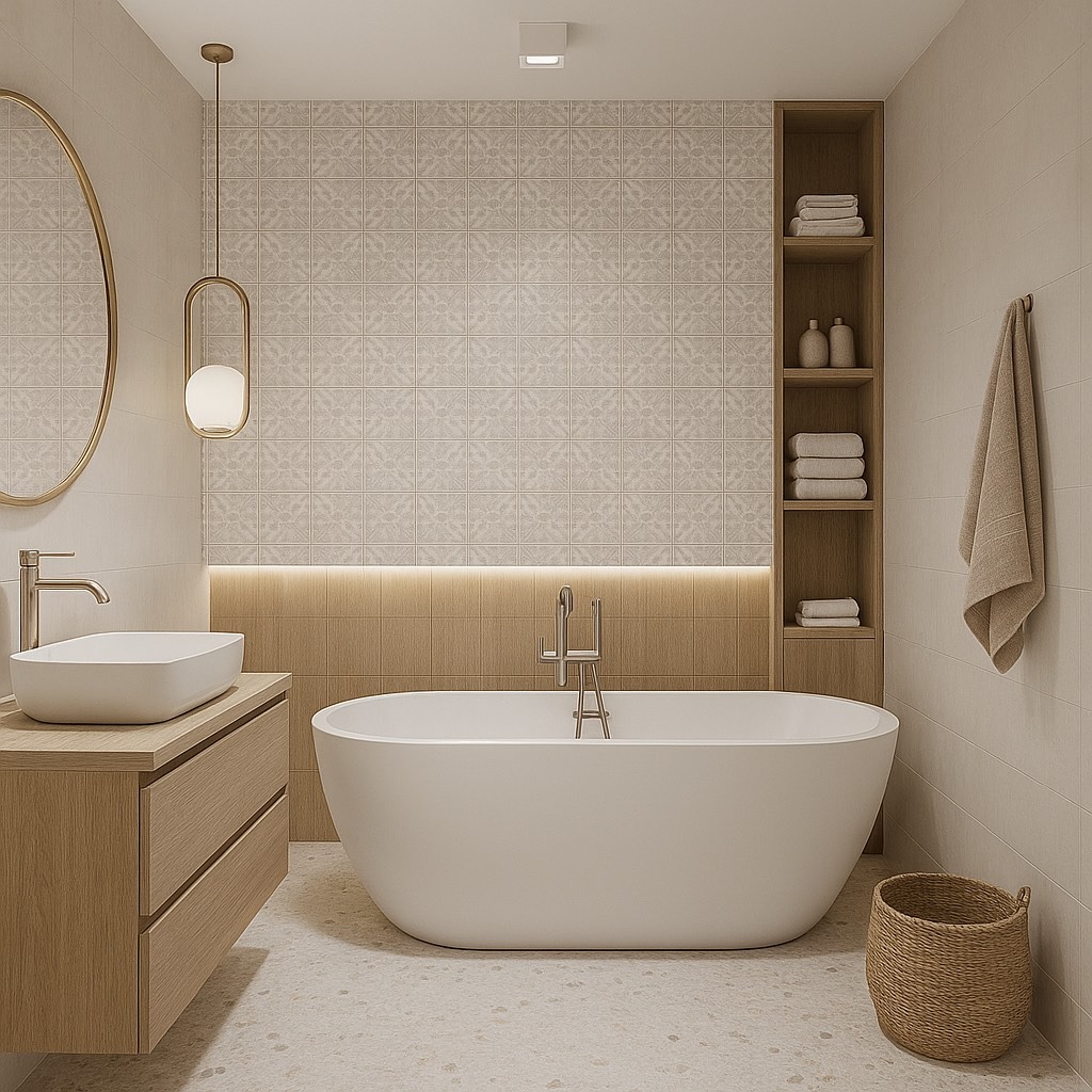 Jasna łazienka w stylu minimalistycznym: owalne lustro, umywalka na szafce z drewna, wolnostojąca wanna i półki z ręcznikami. Subtelne oświetlenie LED.