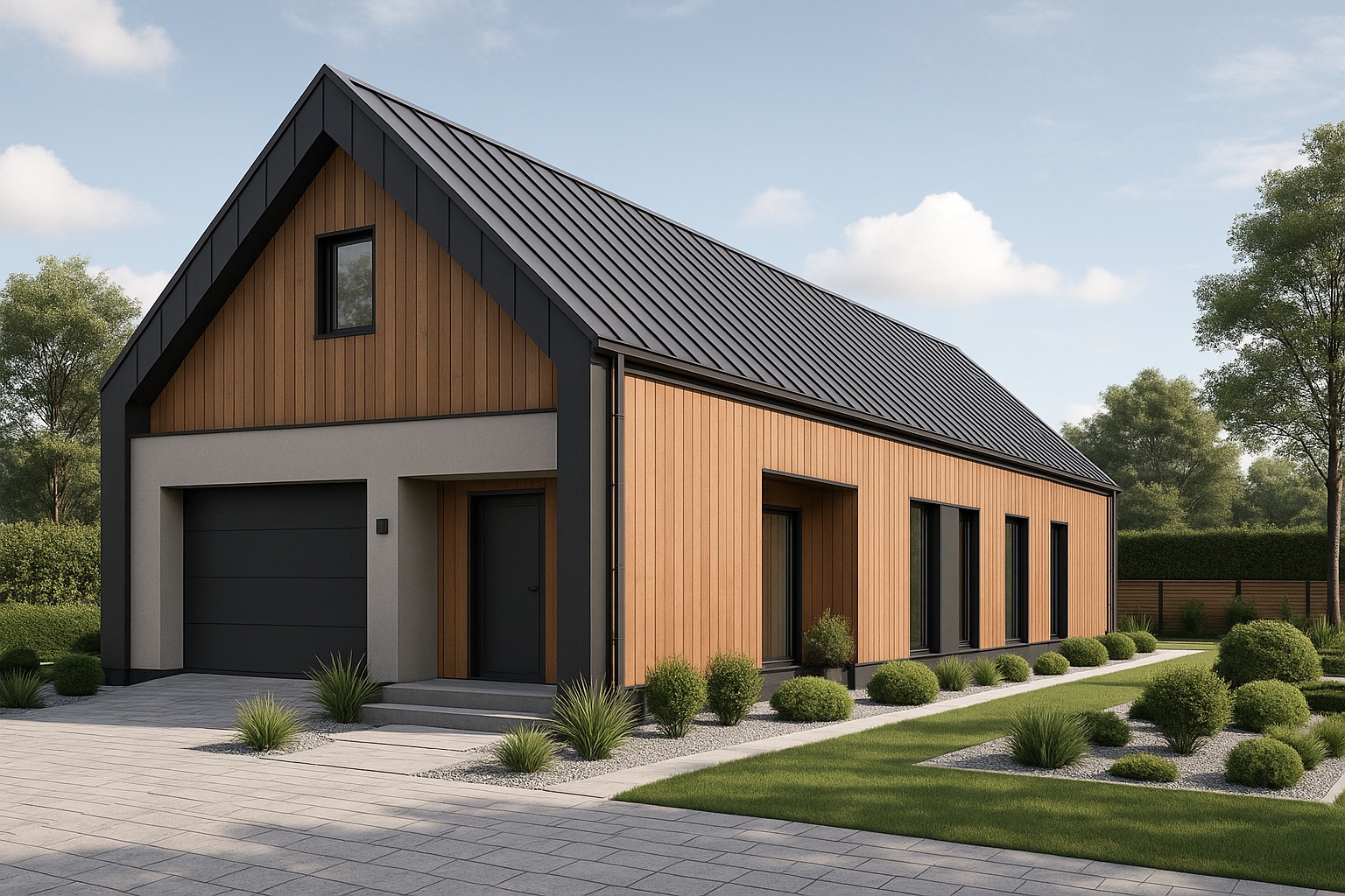 Nowoczesny dom jednorodzinny z drewnianą elewacją, czarnym dachem i garażem. Uwagę przykuwa minimalistyczny design i zadbany ogród z niskimi krzewami.