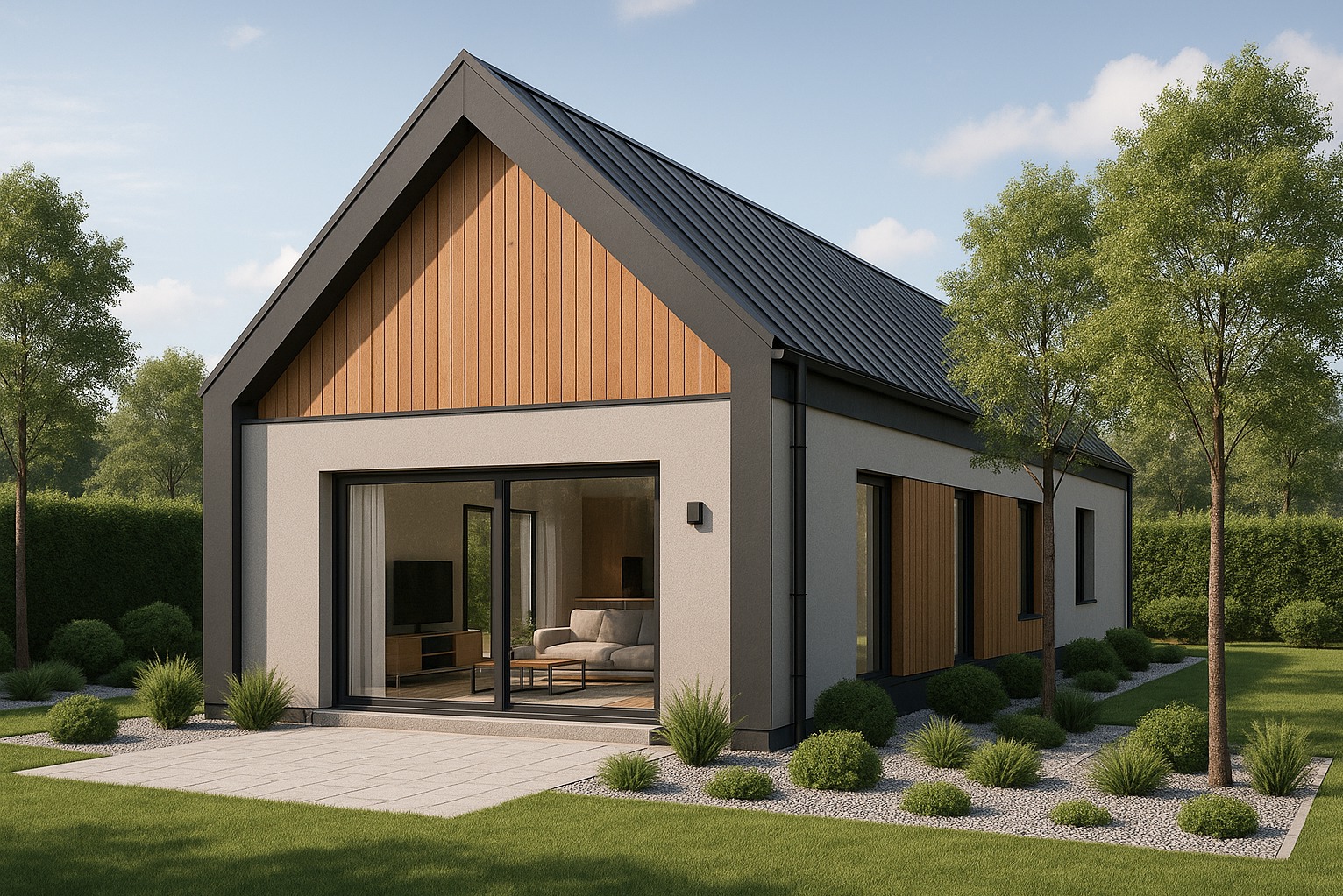 Nowoczesny dom jednorodzinny z drewnianą elewacją i dużymi oknami, otoczony zielonym trawnikiem i krzewami. Widok z zewnątrz na jasne wnętrze.