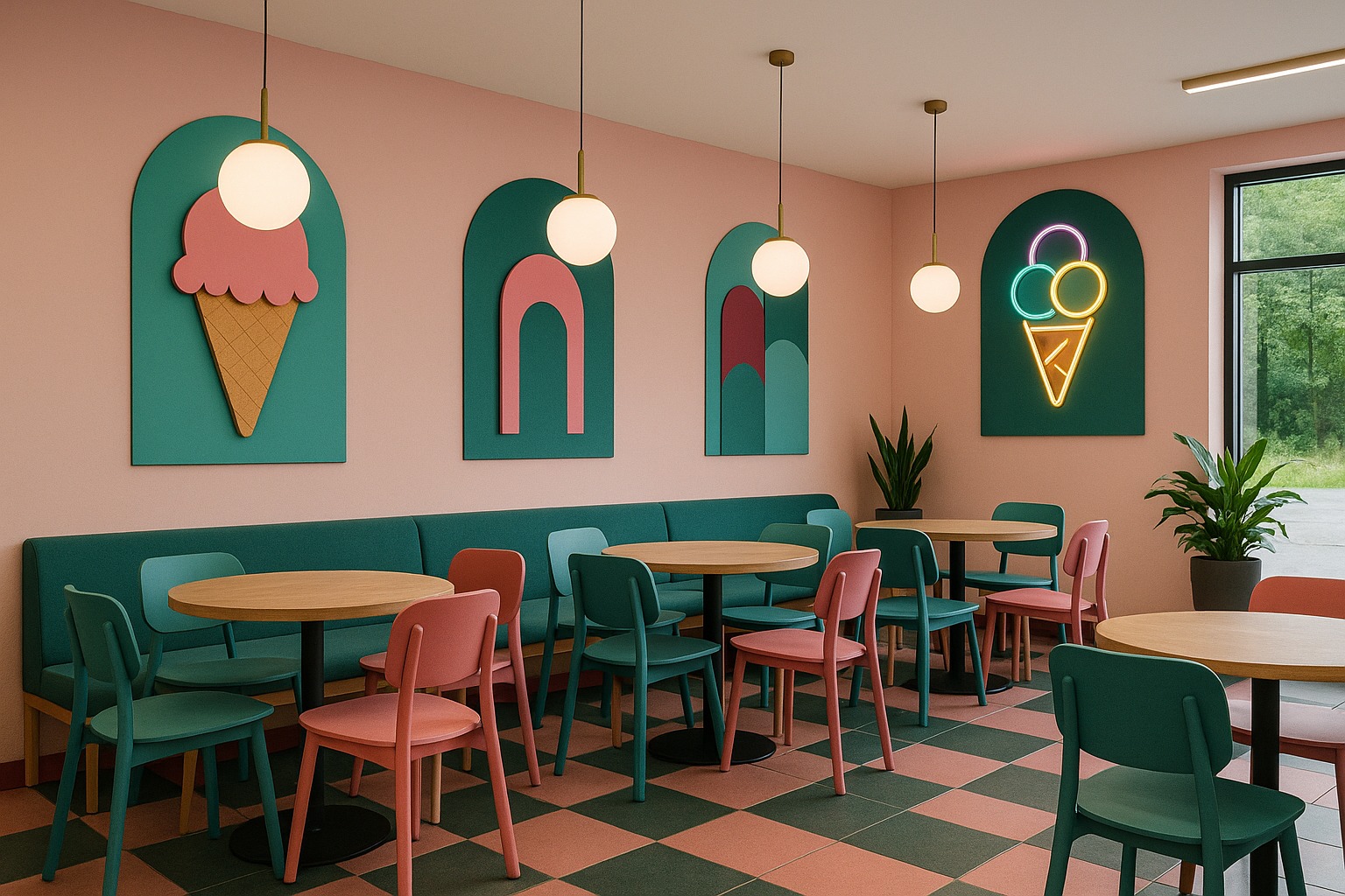 Pastelowe wnętrze kawiarni z geometrycznymi dekoracjami ścian, okrągłymi stolikami i krzesłami w odcieniach różu i zieleni. Podłoga w szachownicę. Neon lodowy.