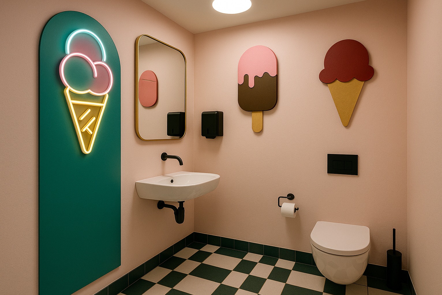 Różowa łazienka z neonowym lodem, lustrem i dekoracjami lodów. Czarno-biała podłoga w szachownicę. Nowoczesny design z akcentami retro.