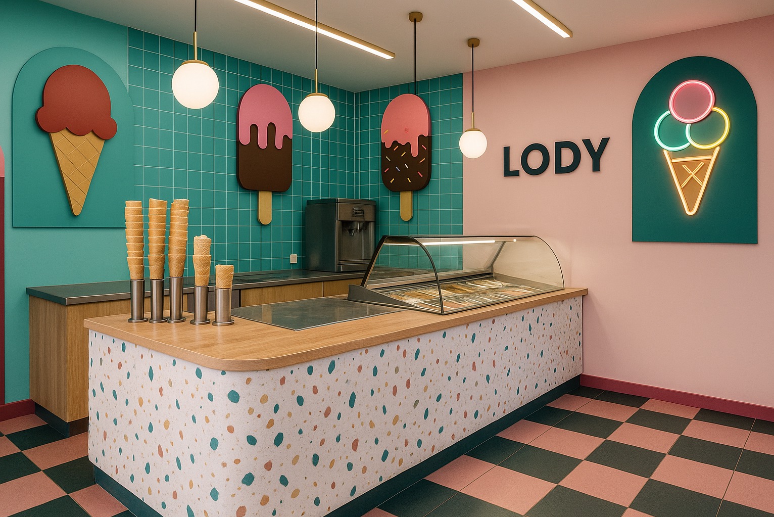 Pastelowa lodziarnia z neonowym logo, wzorzystym blatem i dekoracjami lodów na ścianach. Wystrój w stylu retro z nowoczesnymi akcentami.