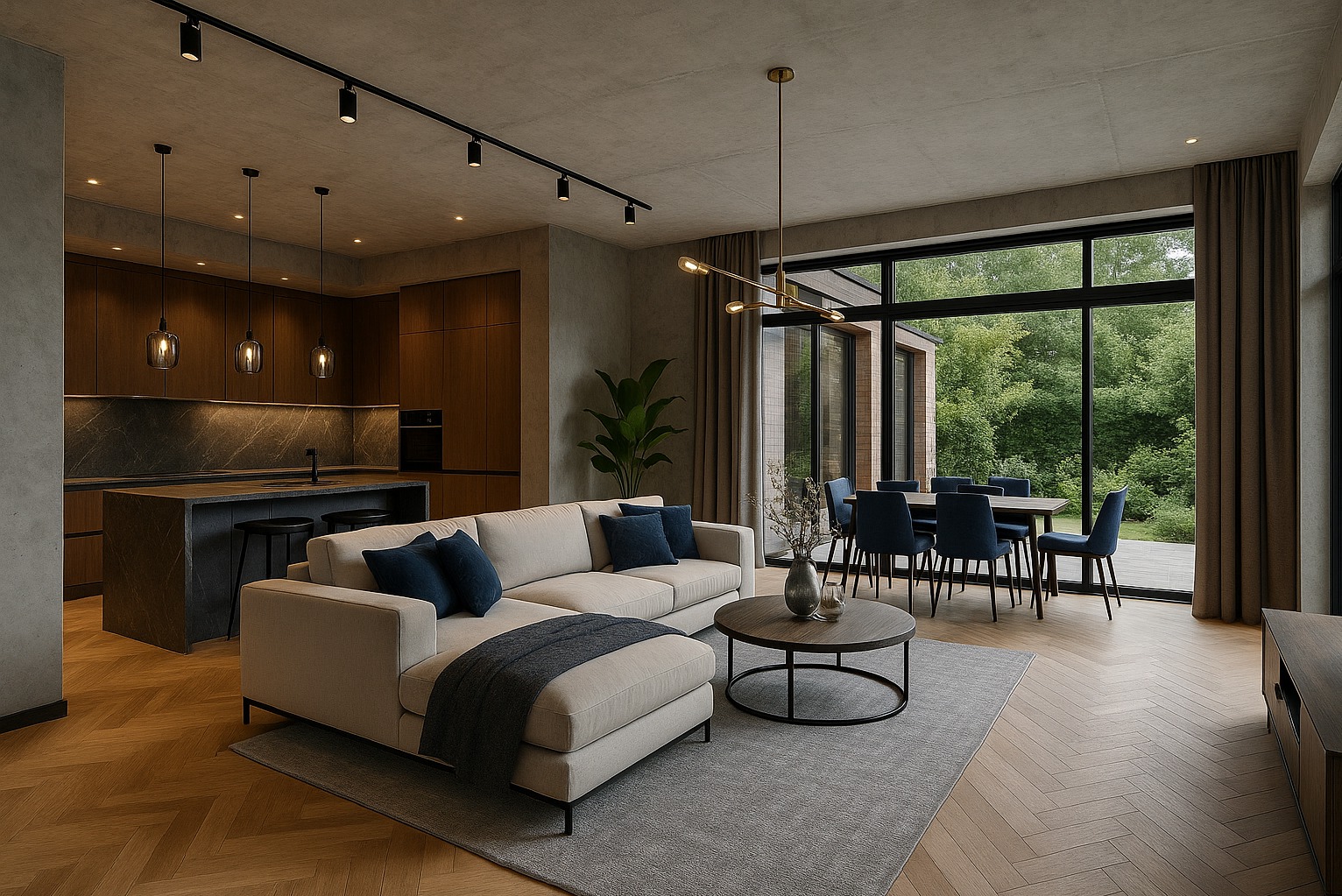 Nowoczesne wnętrze: salon z kuchnią, beżowa sofa z granatowymi poduszkami, okrągły stolik kawowy, parkiet w jodełkę, widok na zieleń za oknem. Minimalistyczny design.