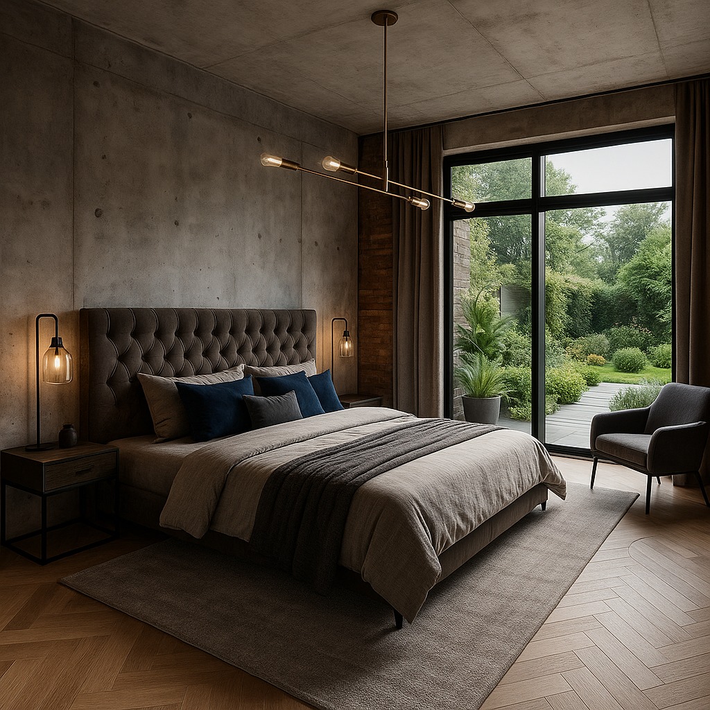 Nowoczesna sypialnia z betonową ścianą, dużym oknem z widokiem na ogród i designerską lampą sufitową. Stonowana kolorystyka, drewniana podłoga i dywan.
