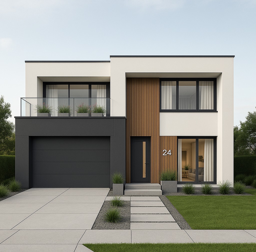 Wizualizacja nowoczesnego domu z płaskim dachem, drewnianą elewacją i numerem 24. Szara brama garażowa, balkon z roślinami, minimalistyczny chodnik i trawnik.
