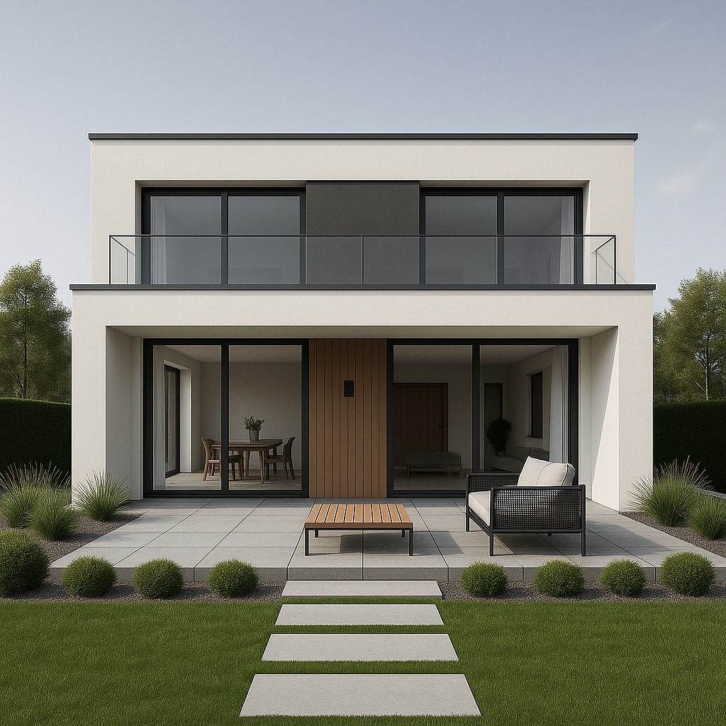 Dwukondygnacyjny dom z płaskim dachem i balkonem. Duże okna, drewniane panele, taras z meblami ogrodowymi. Minimalistyczny design, zadbany trawnik i krzewy.