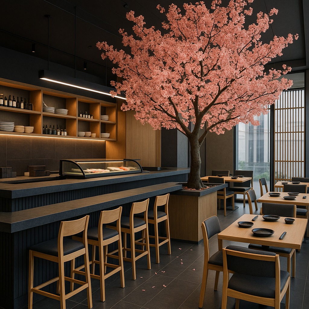 Nowoczesne wnętrze restauracji sushi z drzewem kwitnącej wiśni, czarnymi elementami i drewnianymi krzesłami barowymi. Minimalistyczny design z japońskim akcentem.
