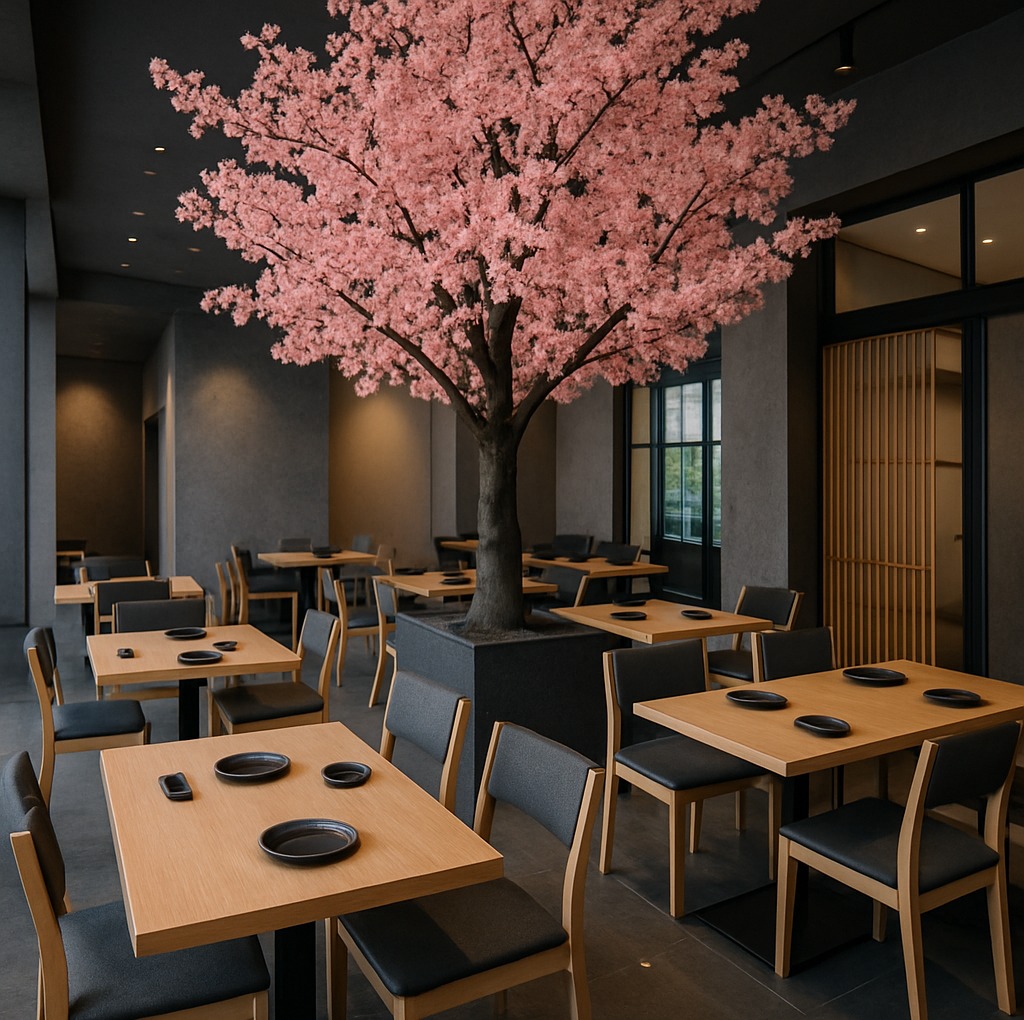 Nowoczesna aranżacja wnętrza restauracji z drzewem kwitnącej wiśni w centralnym punkcie. Minimalistyczne meble, stonowana kolorystyka, eleganckie detale.