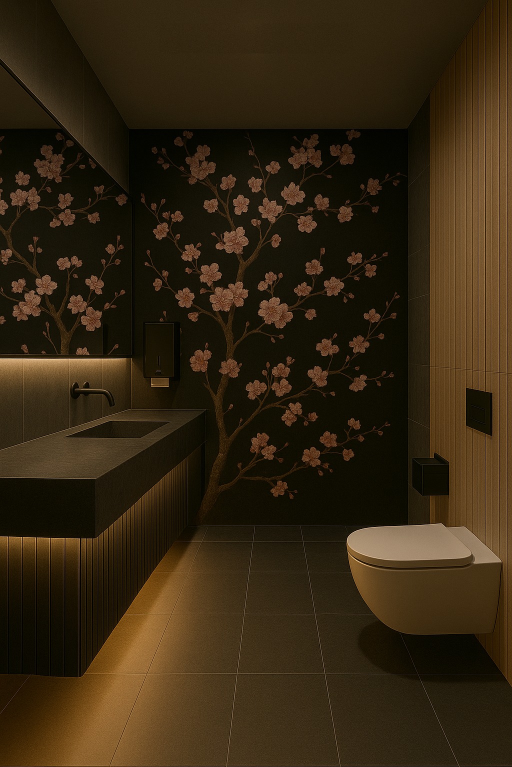 Nowoczesna łazienka z ciemną armaturą, podświetlaną szafką umywalkową i tapetą w kwiaty wiśni. Minimalistyczna toaleta podwieszana. Ciepłe oświetlenie.