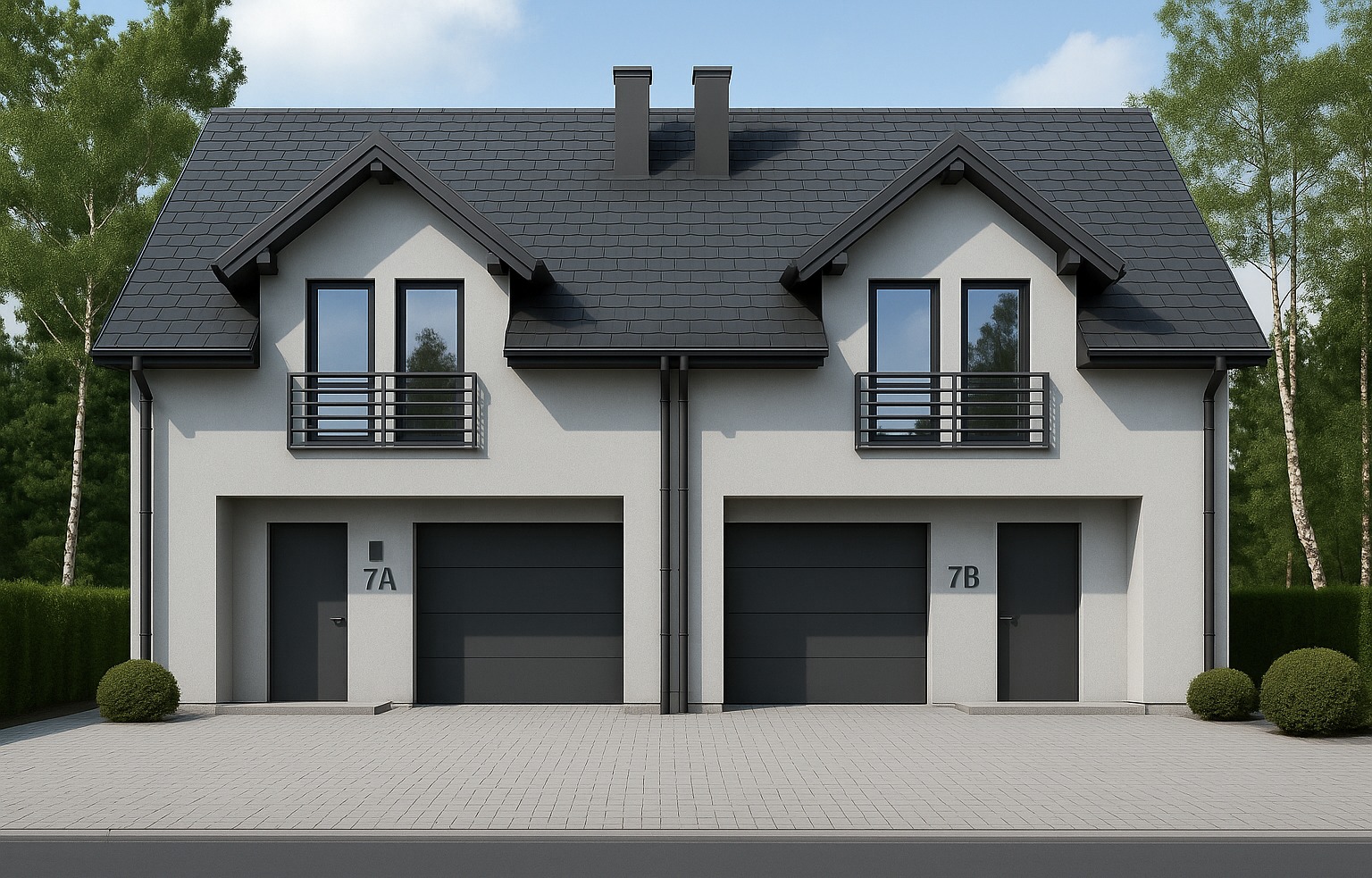 Elewacja bliźniaka z szarą dachówką i numerami 7A i 7B nad garażami. Balkony z czarną balustradą. Tło: drzewa i błękitne niebo z chmurami.