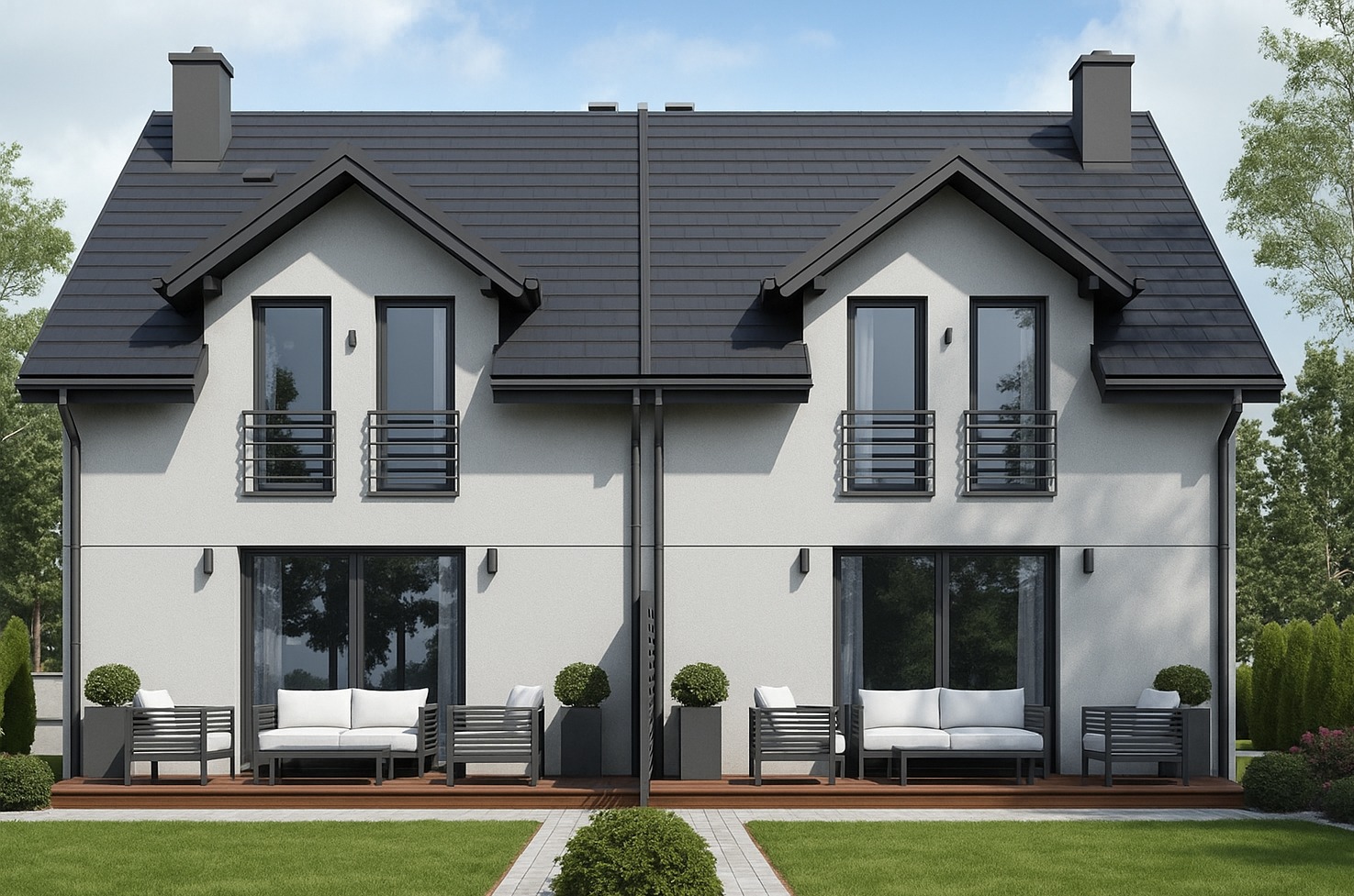 Elewacja bliźniaka w nowoczesnym stylu: białe ściany, grafitowy dach i stolarka. Taras z meblami ogrodowymi. Minimalistyczny design, symetryczny układ.
