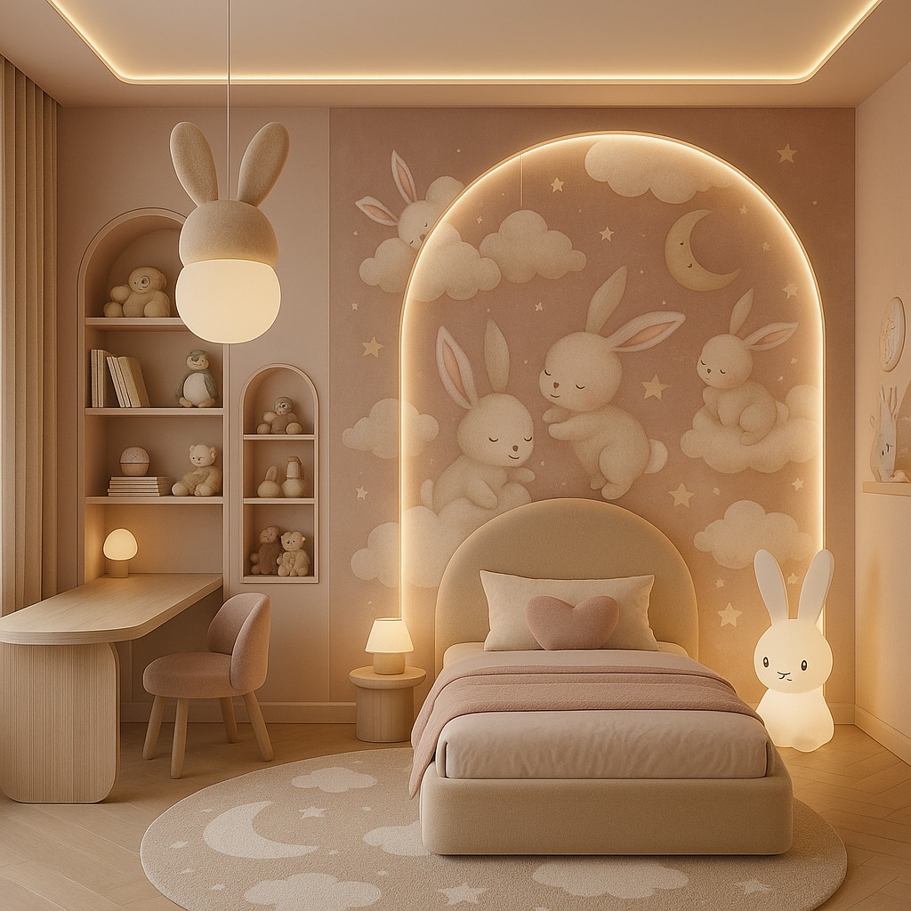 Uroczy pokój dziecięcy w pastelowych barwach: łóżko, biurko, regał z zabawkami, lampka w kształcie królika i tapeta z motywem króliczków i chmur. Przytulne i funkcjonalne wnętrze.