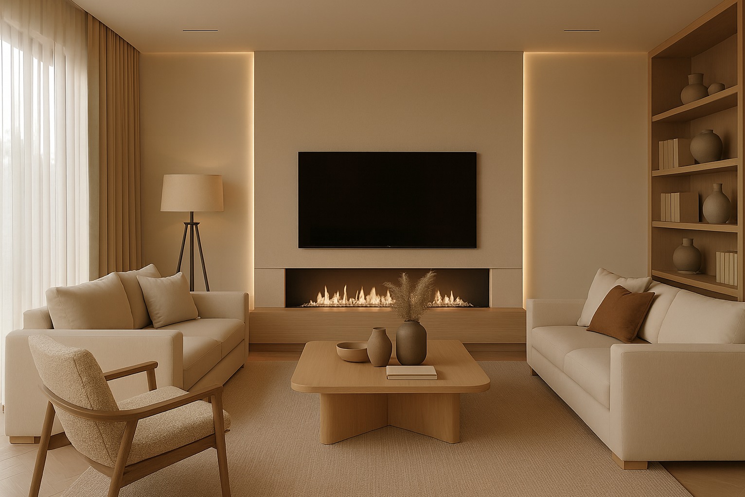 Jasny salon z biokominkiem pod telewizorem, beżowe sofy i fotel, drewniany stolik kawowy. Minimalistyczny design z oświetleniem LED i regałem na dekoracje.