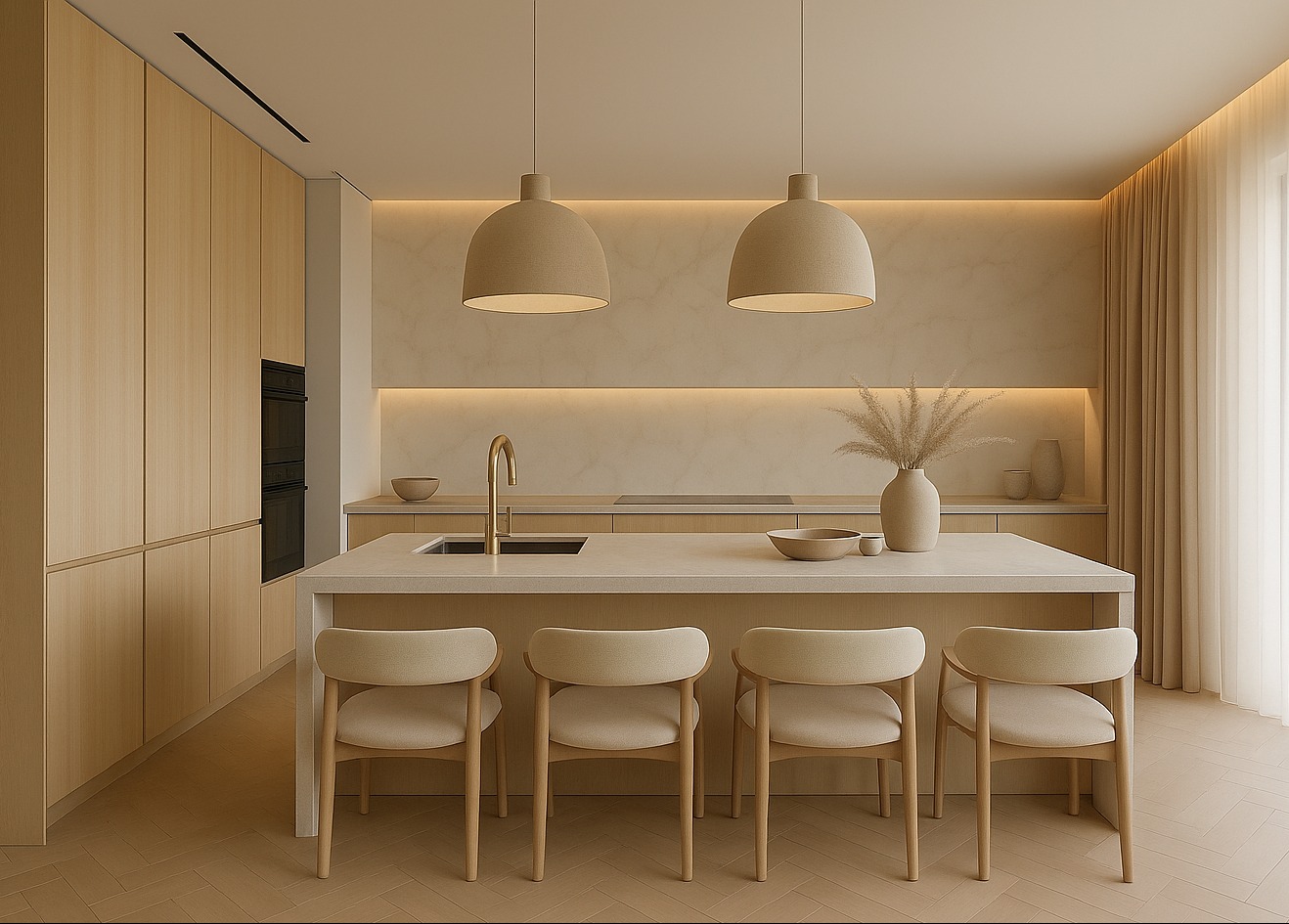 Jasna kuchnia w minimalistycznym stylu. Drewniane szafki, wyspa z czterema krzesłami i złota bateria. Dwie lampy wiszące nad wyspą. Subtelne oświetlenie LED.