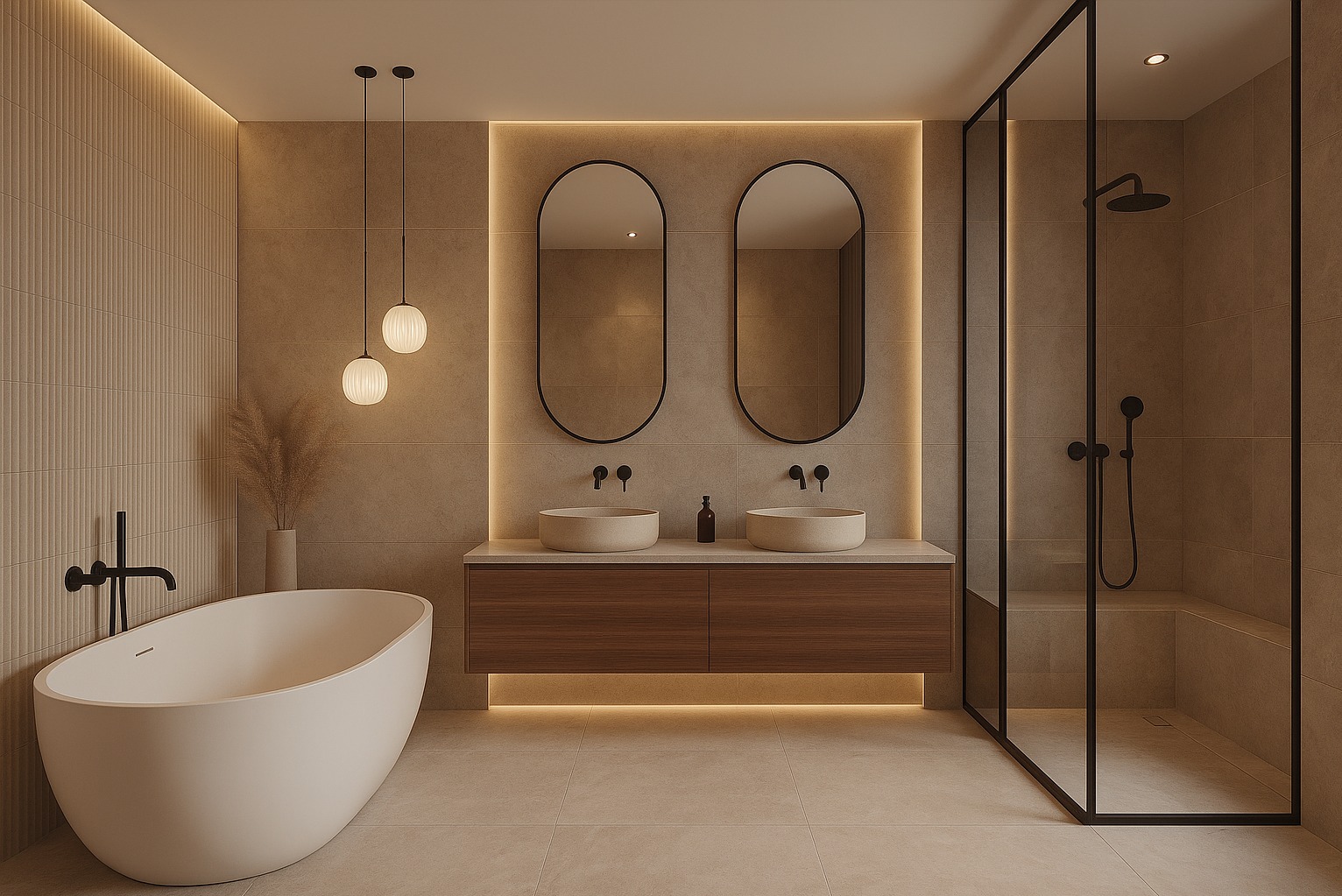 Nowoczesna łazienka z wanną wolnostojącą, podwójną umywalką i kabiną prysznicową typu walk-in. Beżowe płytki, oświetlenie LED i minimalistyczne dodatki.