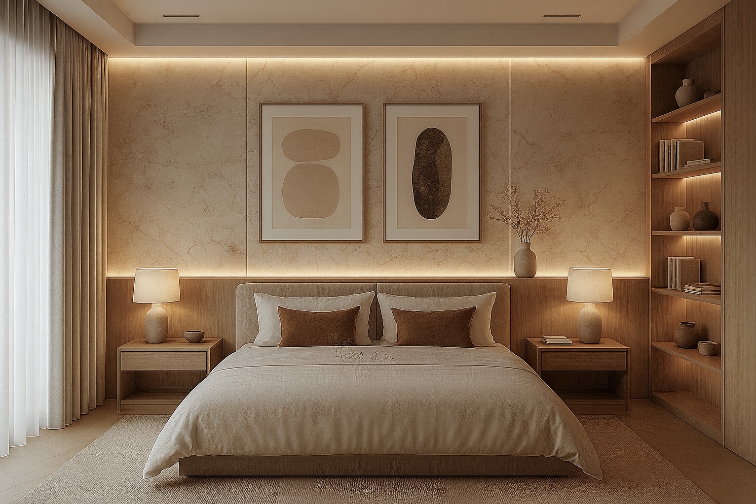 Jasna sypialnia w beżach: łóżko z brązowymi poduszkami, nocne szafki z lampkami, abstrakcyjne obrazy na ścianie i regał z dekoracjami. Subtelne oświetlenie LED.