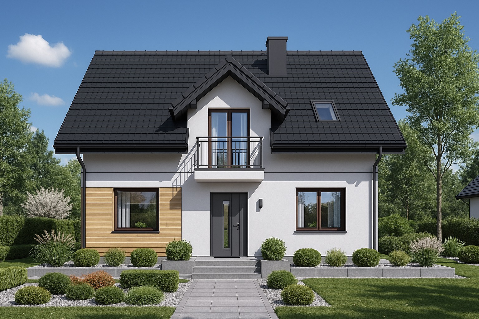 Dwukondygnacyjny dom z czarnym dachem i balkonem, otoczony zielenią. Elewacja biała z drewnianymi akcentami. Uwagę przykuwa symetryczny układ i zadbany ogród.