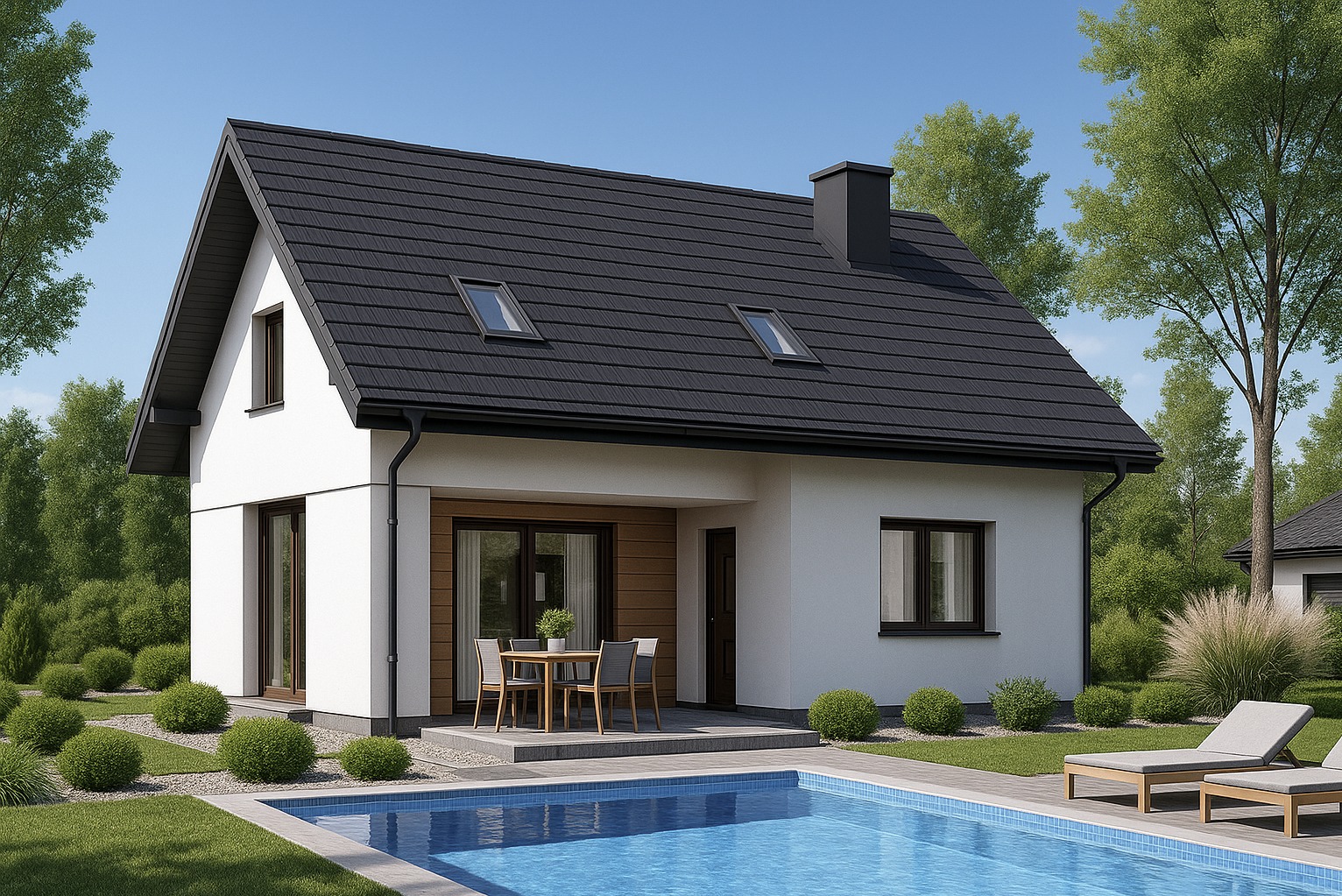 Nowoczesny dom jednorodzinny z basenem, biała elewacja, ciemna dachówka, widok z ogrodu, letnie popołudnie, minimalistyczny design, stolik z krzesłami na tarasie.