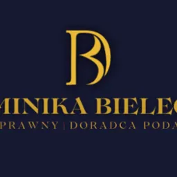 Eleganckie logo w kolorze złota na granatowym tle, przedstawiające inicjały 'DB' nad pełnym imieniem i nazwiskiem 'Dominika Bielecka' oraz informacją 'Radca Prawny | Doradca Podatkowy'.