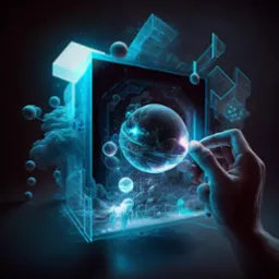 Abstrakcyjna wizualizacja interakcji z cyfrowym światem: ręka dotyka świecącej sfery unoszącej się wewnątrz futurystycznej struktury przypominającej ekran, otoczonej geometrycznymi kształtami...