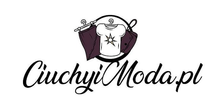 Logo firmy odzieżowej CiuchyiModa.pl z rysunkową grafiką ubrań damskich: spódnicy, bluzki z gwiazdą i marynarki na wieszakach.